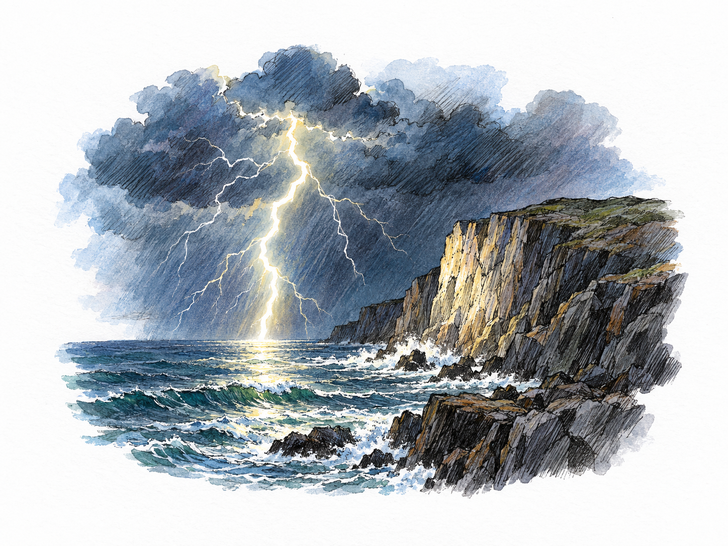 Lightning dramatically illuminates a sea cliff and dark water.