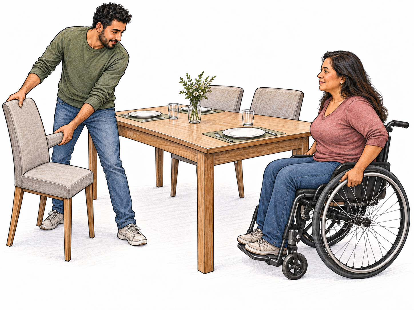 A man pulls a dining chair away from a table to make a usable place for a woman arriving in a wheelchair.