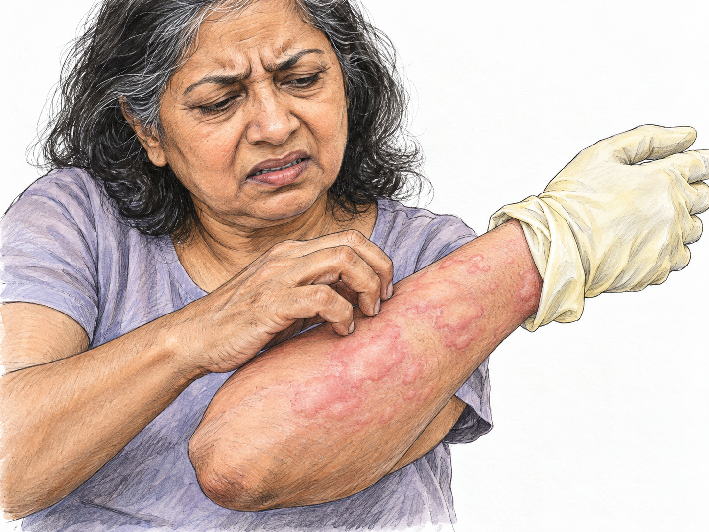 An older woman scratches an exposed forearm bearing prominent, irregular raised wheals.