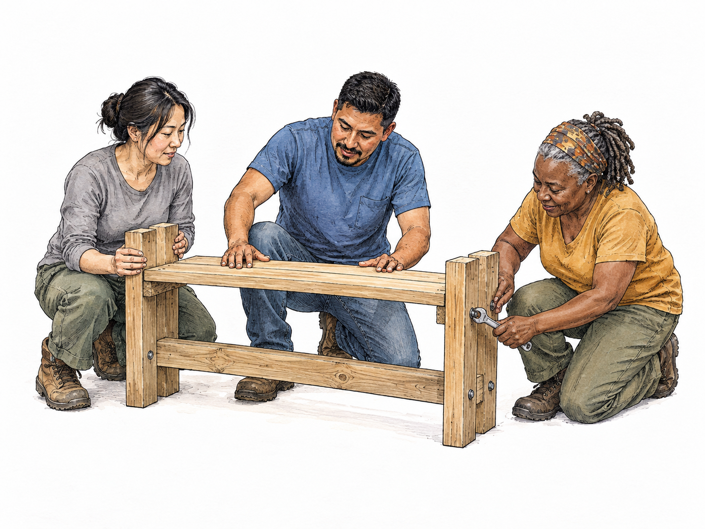 Three volunteers assemble a simple wooden bench together: one holds the end upright, one aligns seat plank, third tightens a bolt with hand wrench.