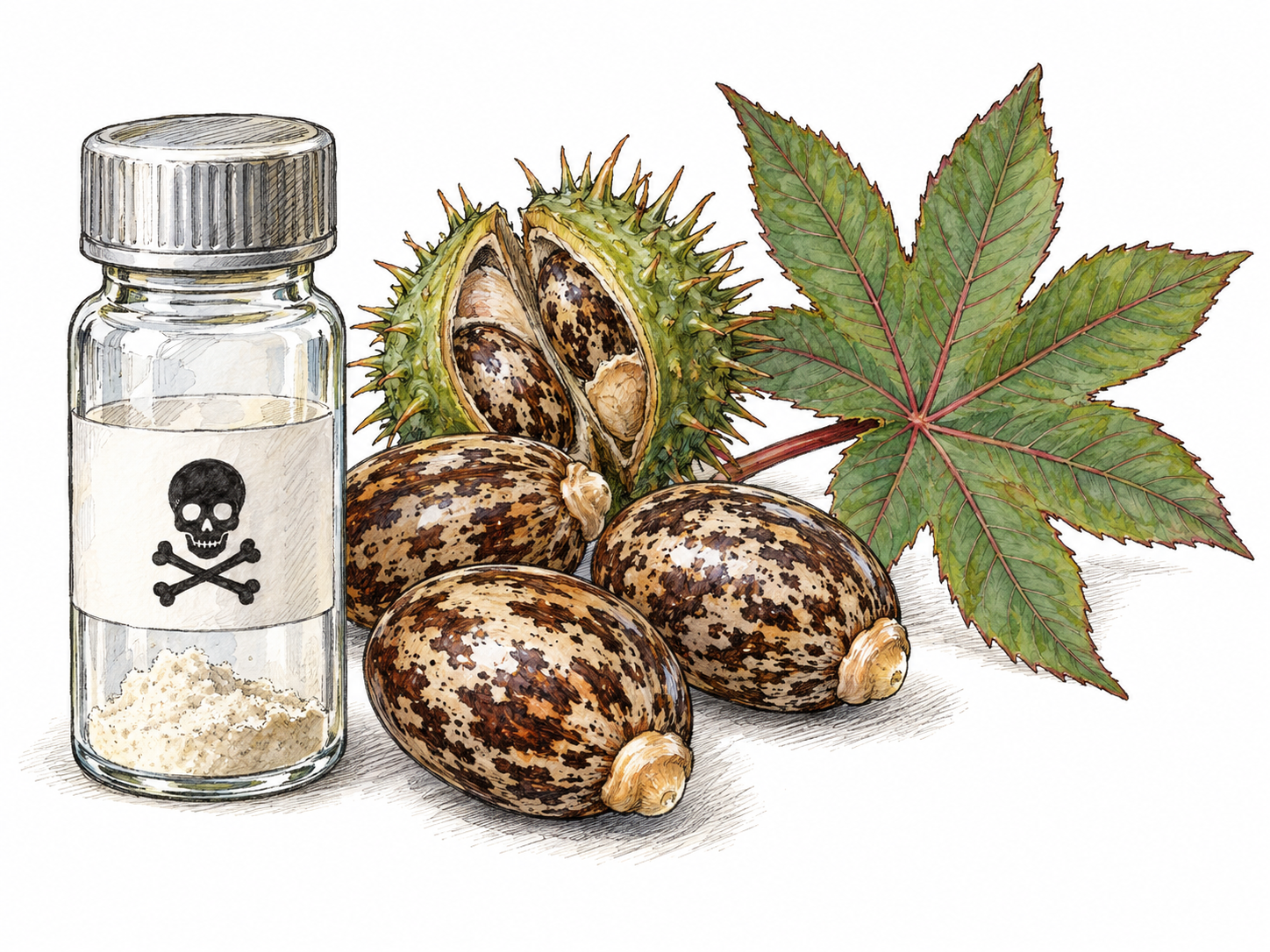 A sealed poison vial beside recognizable mottled castor beans and a small castor-plant specimen, linking a dangerous substance to its botanical source without depicting extraction or handling.