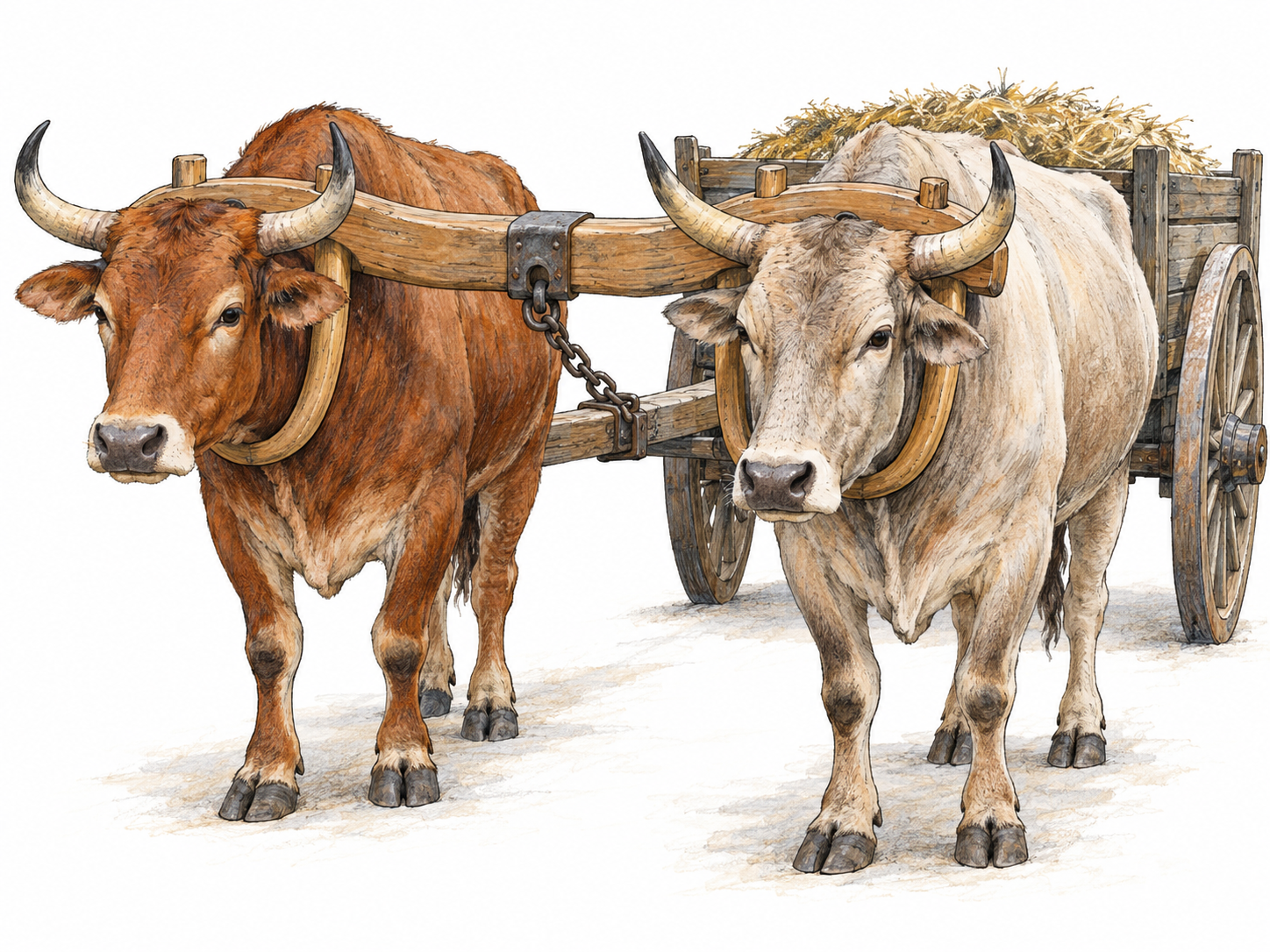 Two oxen joined side by side by a prominent wooden neck yoke, with a central chain connecting the frame to a simple farm cart.