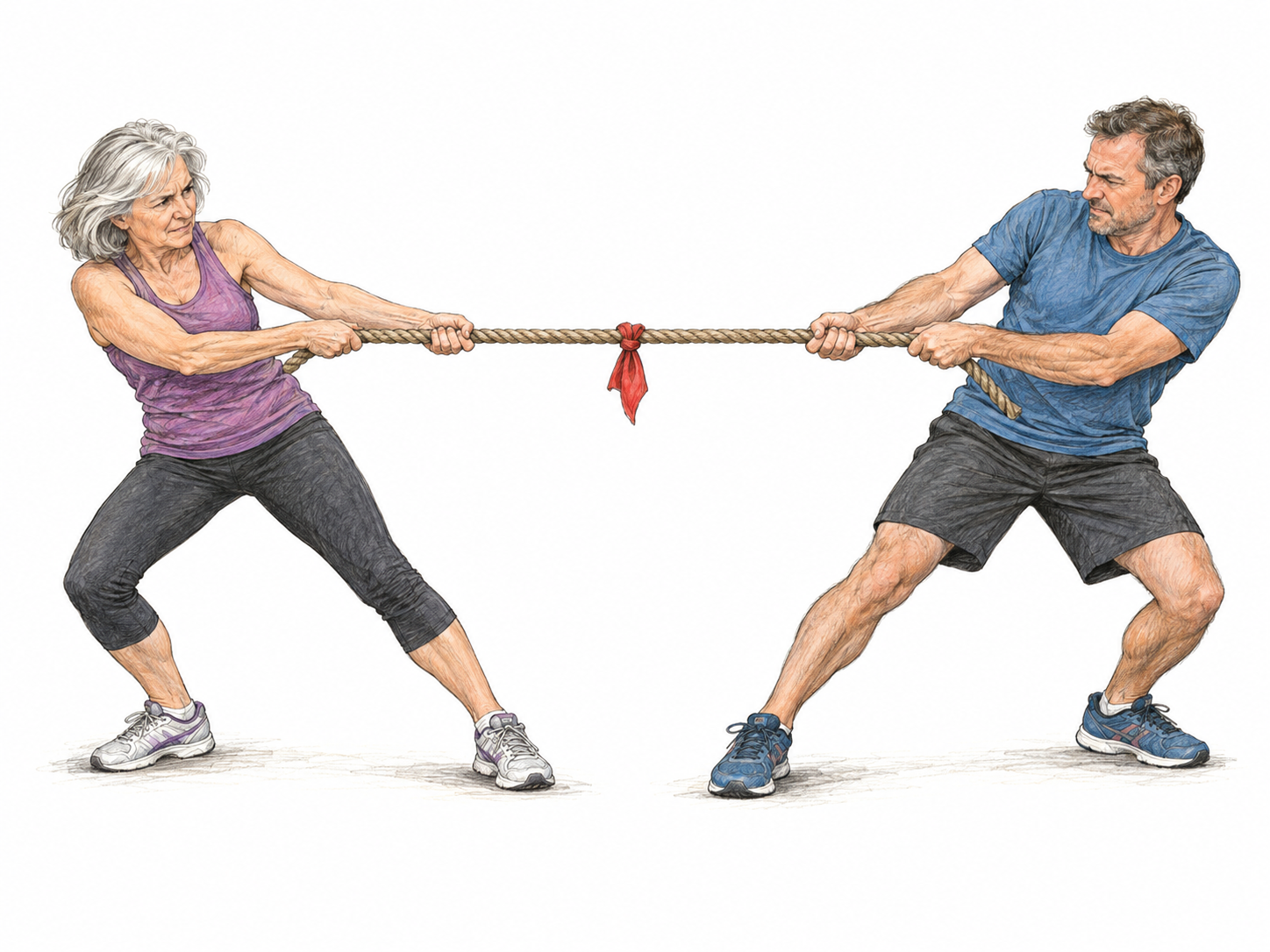 Two adults pull opposite ends of a taut tug-of-war rope, visibly working against each other's force.