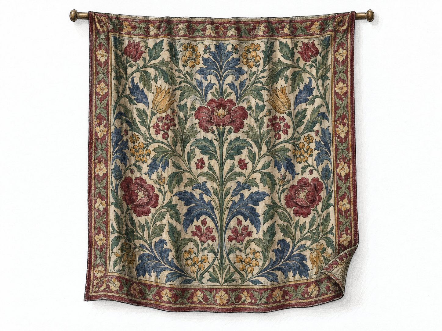 A richly woven decorative tapestry hanging from a plain rod, with a gently turned lower corner revealing its thickness and textile construction.