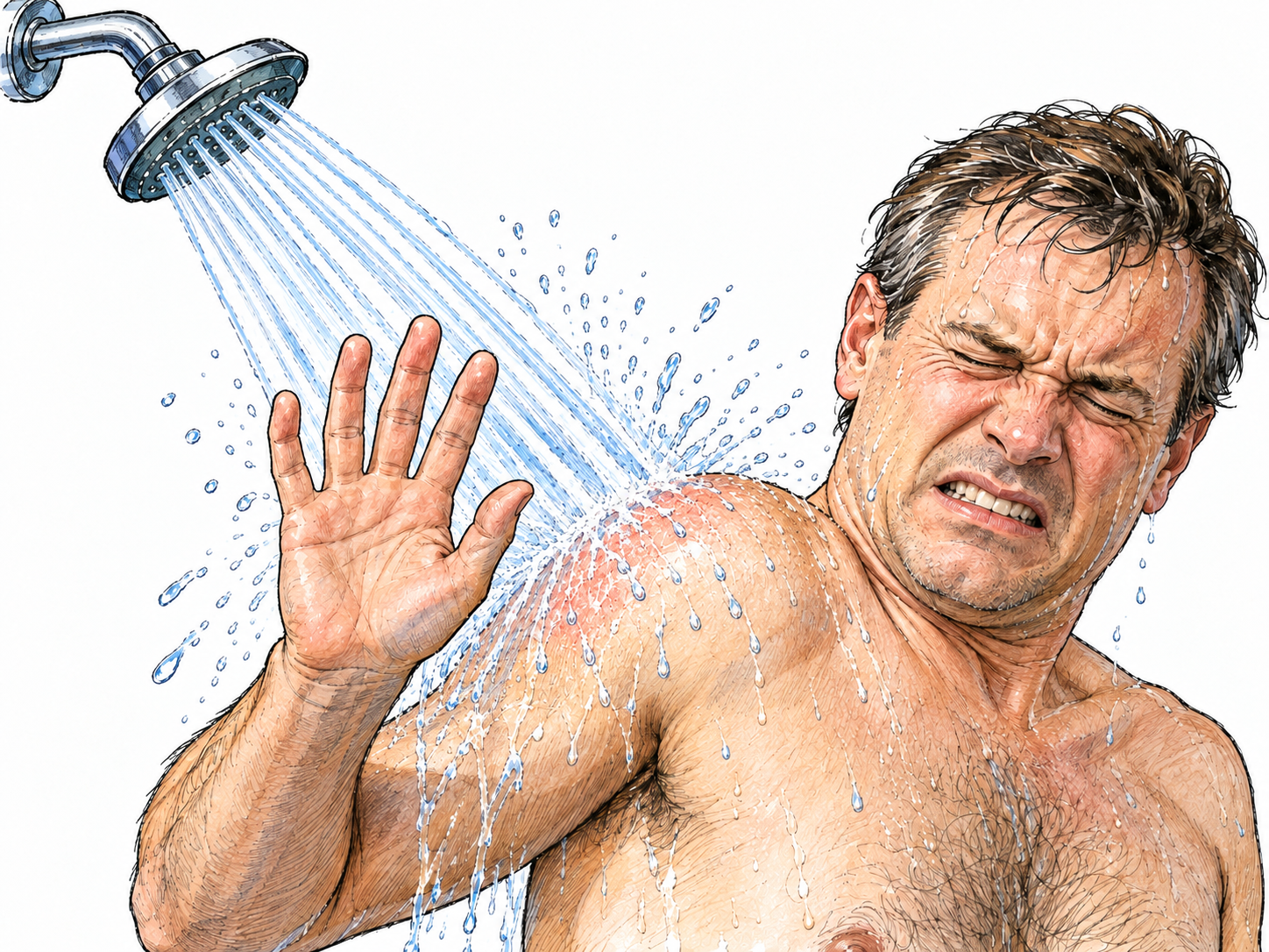 A man recoils from the harsh spray of a shower: forceful narrow jets strike his reddened shoulder while he winces and raises a protective hand.