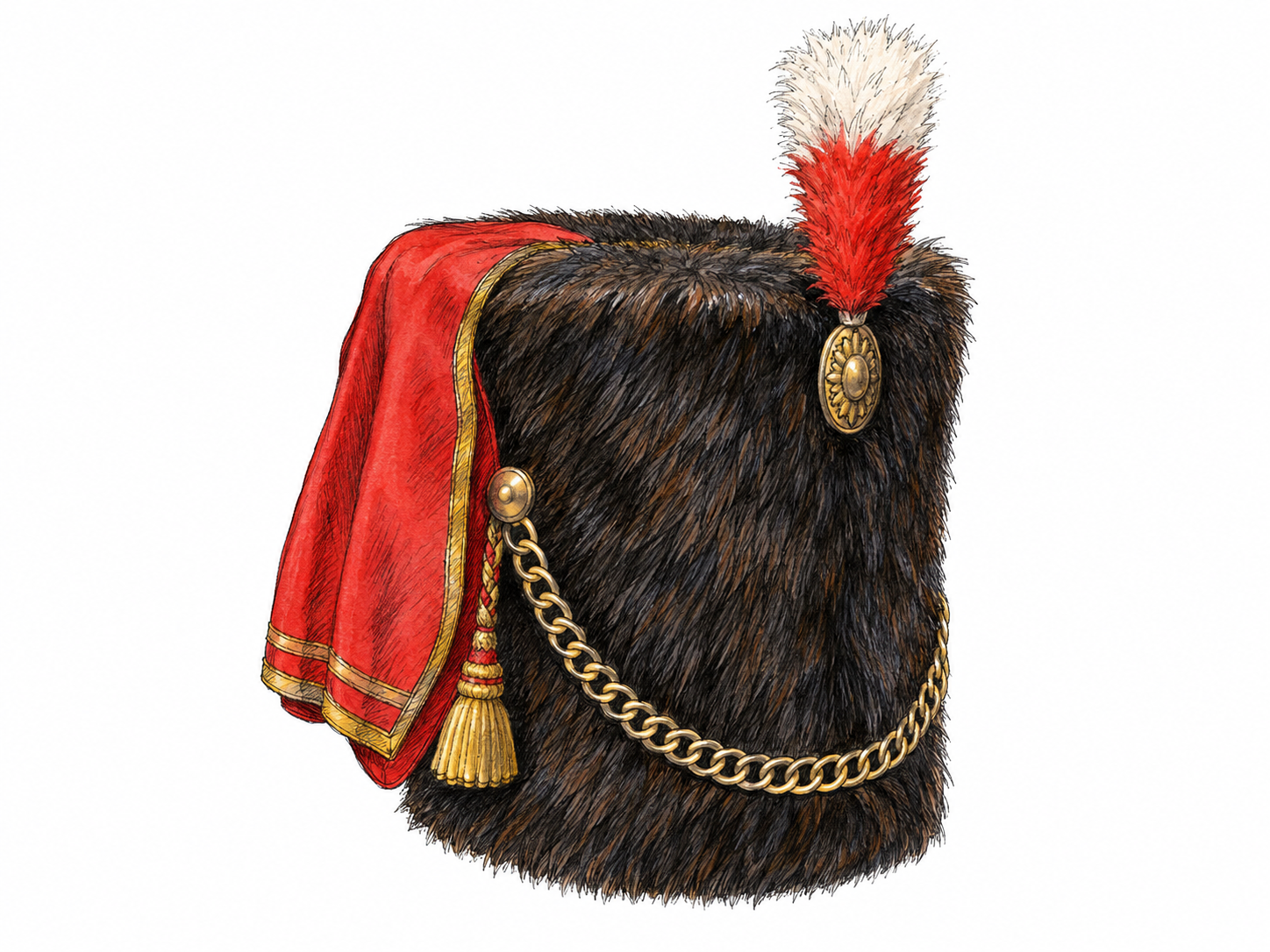 An isolated British hussar-style busby, showing its tall cylindrical dark fur body, colored cloth side bag, plume, and military chin chain.