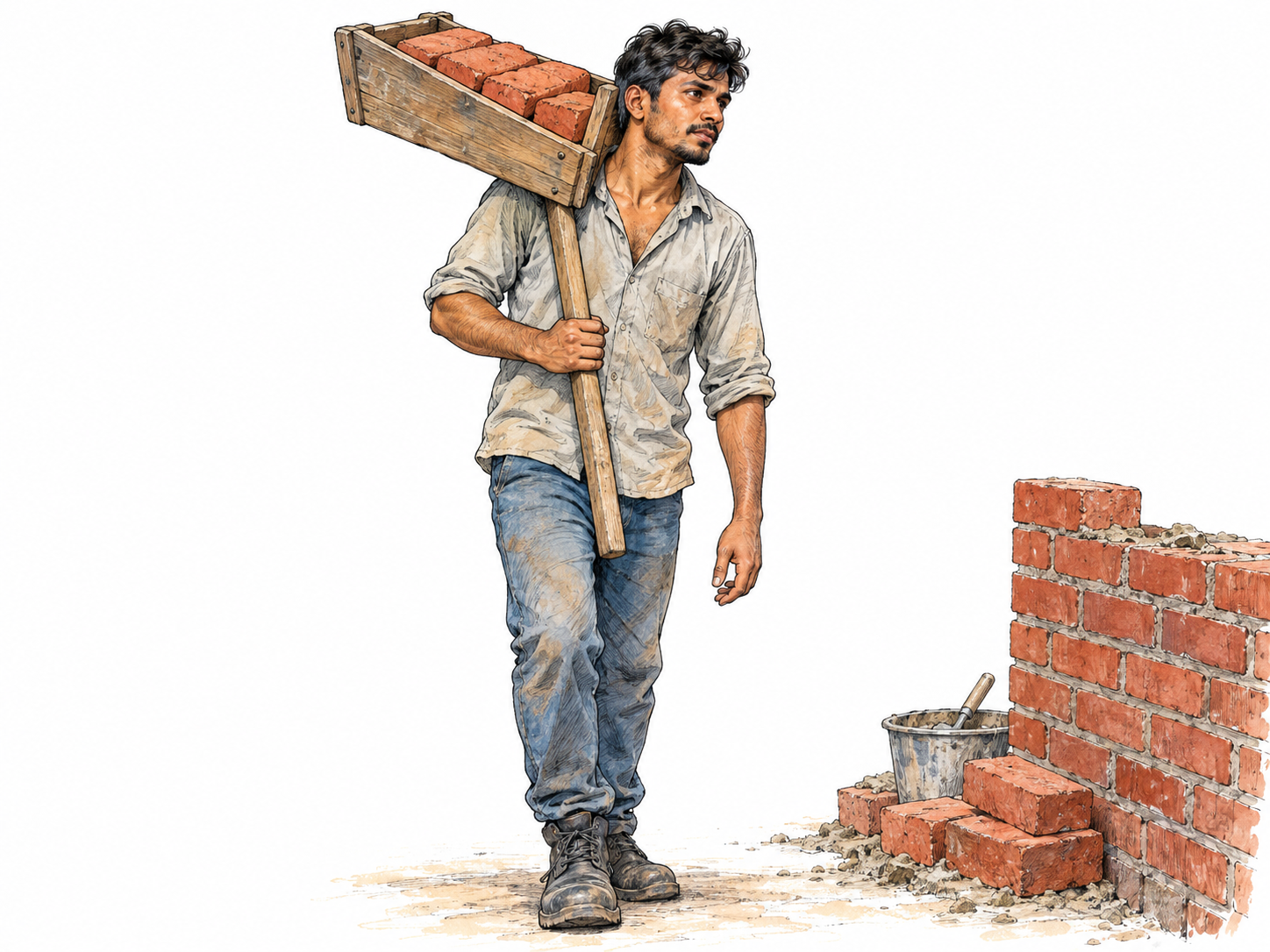 A brick carrier supports a loaded wooden hod on one shoulder, with its open trough and long downward handle clearly visible.