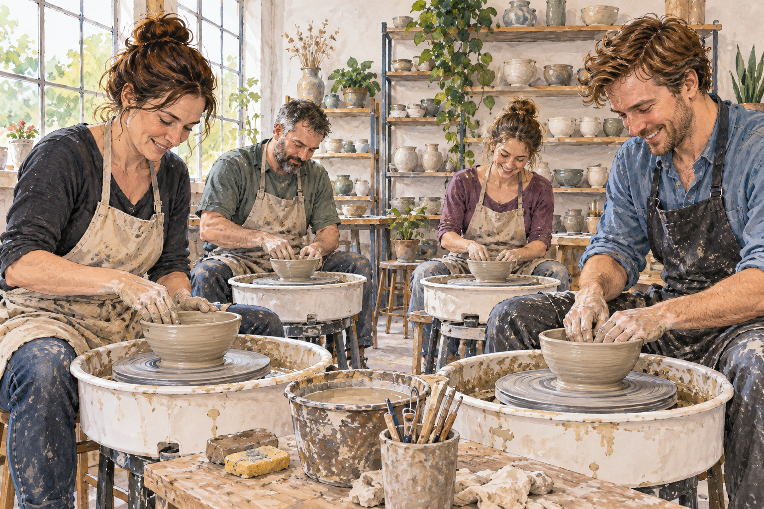 Adults actively take part together in a pottery workshop, each shaping a bowl rather than merely watching.