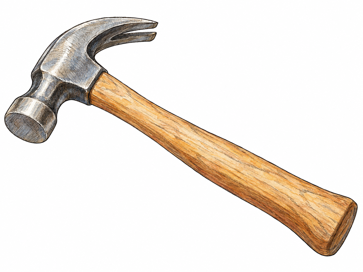 An isolated, recognizable claw hammer with a substantial steel striking head and a wooden handle, shown diagonally so its flat striking face and curved claw are clearly visible.