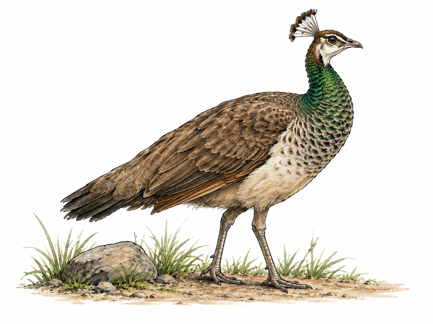 Brown female peafowl with small crest and green neck, no male train.