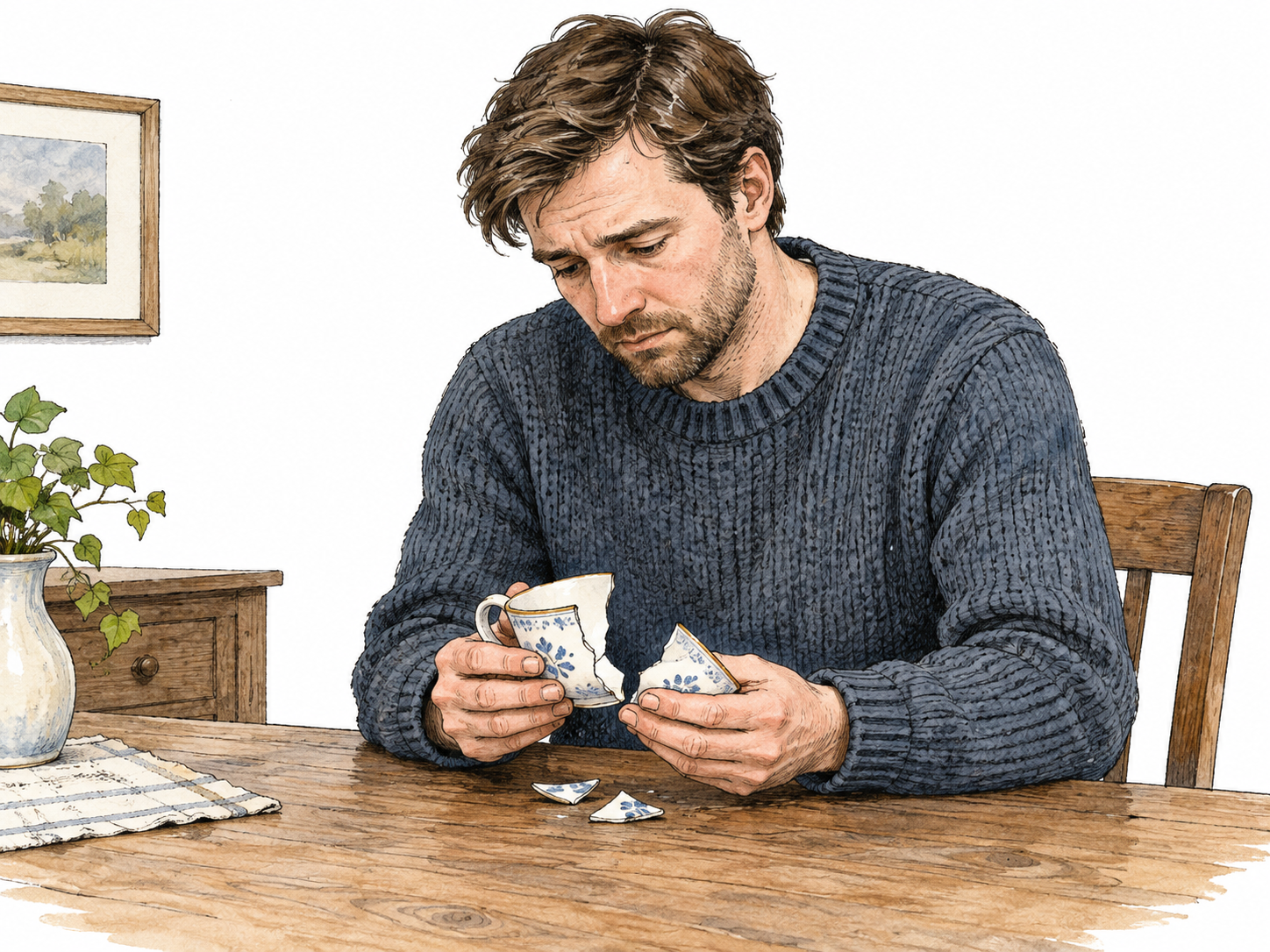 Person sits quietly holding a broken keepsake cup, downcast eyes and lowered shoulders show sadness without exaggerated tears; no injury or text.