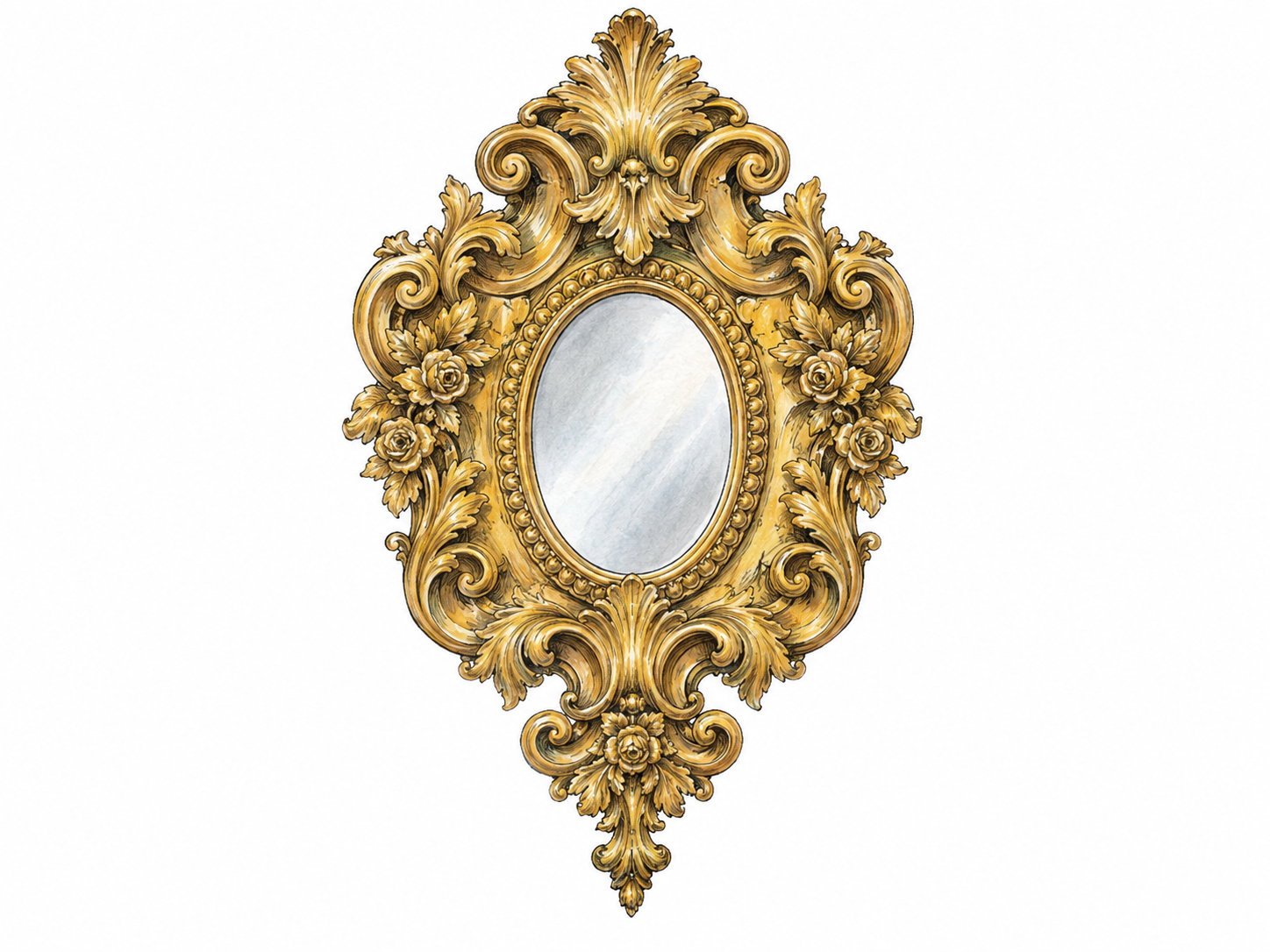 A small mirror nearly overwhelmed by its disproportionately broad, extravagantly decorated frame: layered gilded scrolls, carved roses, curling leaves and scalloped flourishes crowd around a tiny usable reflective center.