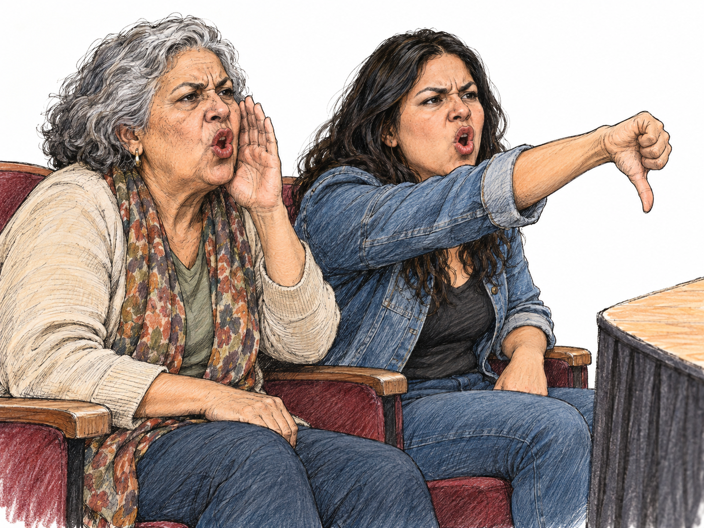 Two visibly displeased audience members boo toward a stage: rounded open mouths, furrowed brows, a hand cupped beside the mouth, and an emphatic thumbs-down make vocal disapproval the focal action.