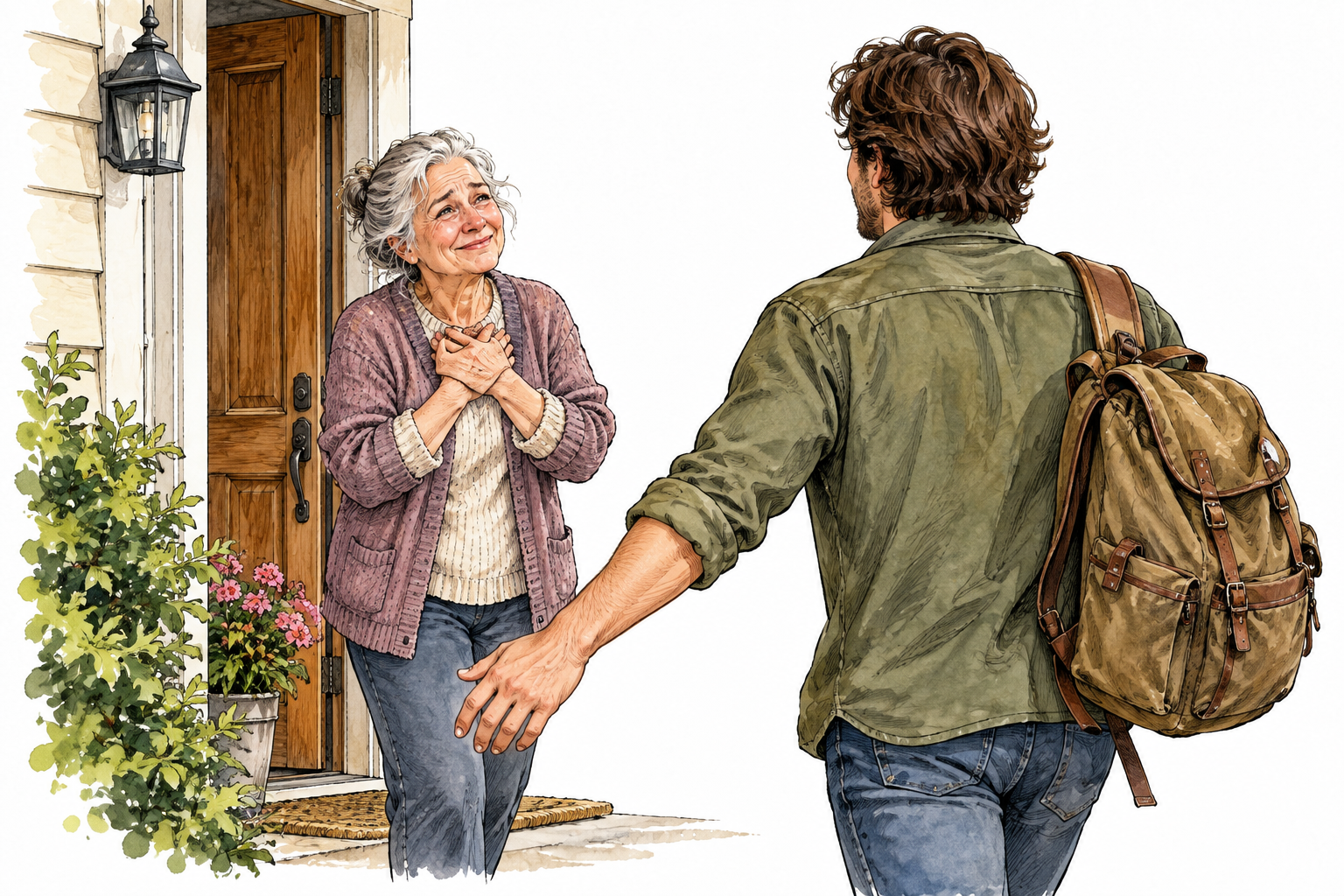 An older parent gazes with deep affection as an adult child returns home.