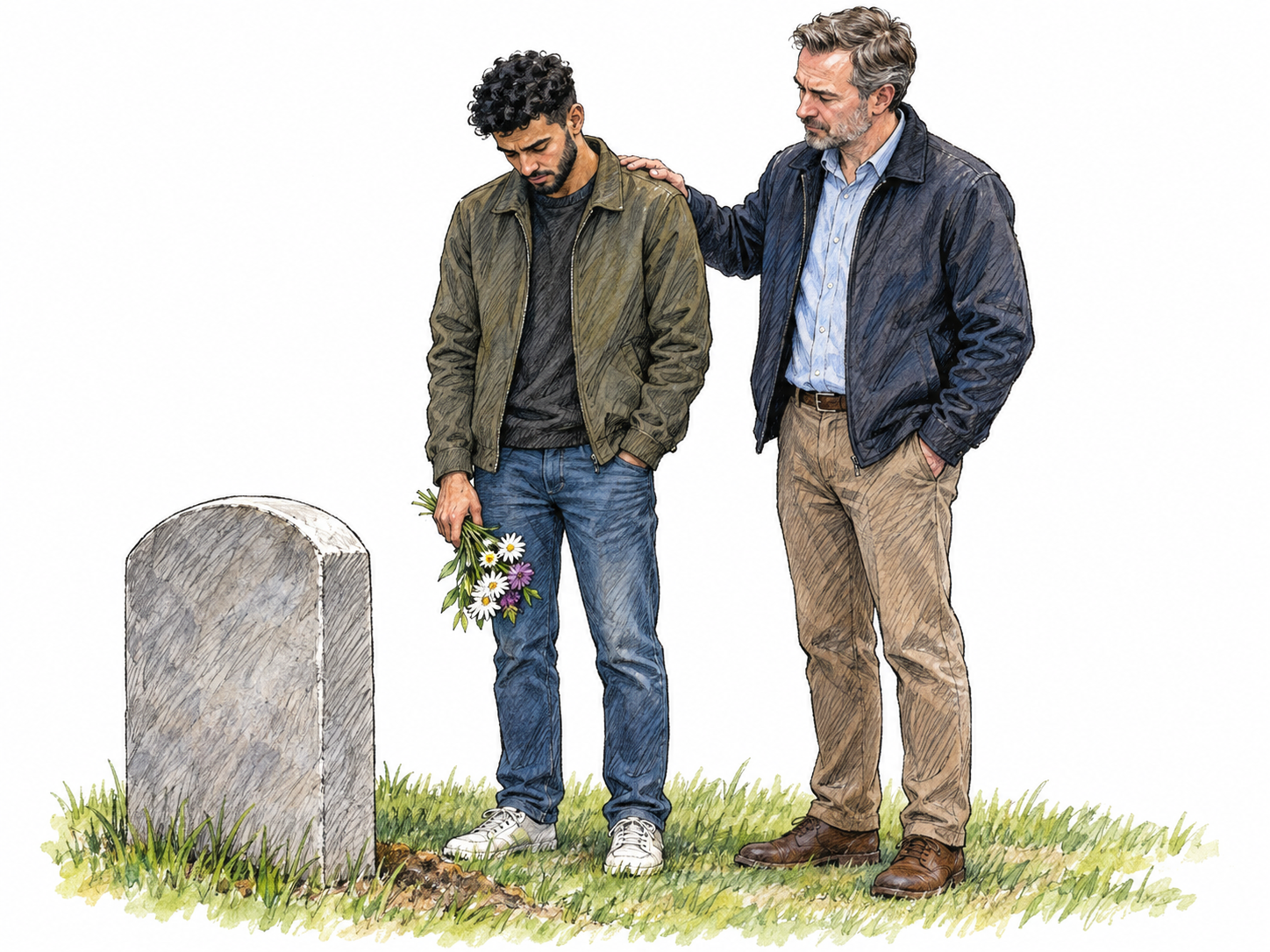 A young man mourns beside a plain grave marker, holding flowers loosely with his head bowed while a middle-aged man offers quiet comfort with a hand on his shoulder.