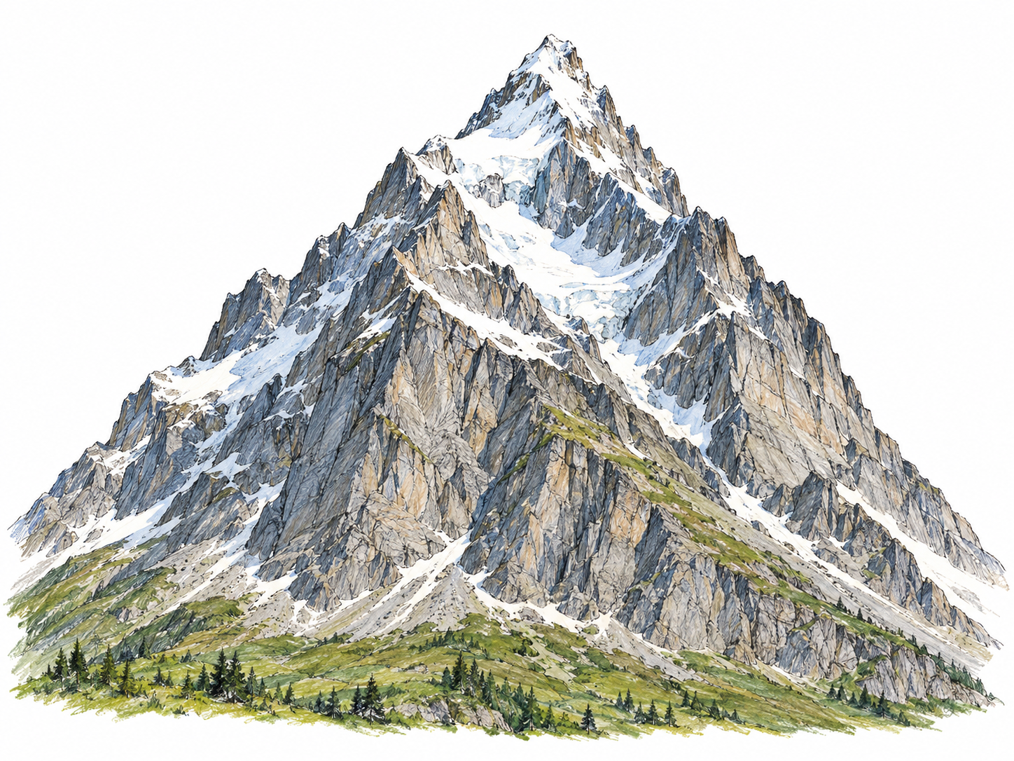 A towering Alpine mountain with a jagged snow-capped summit, steep exposed rock faces, and a small green foothill establishing its great height.