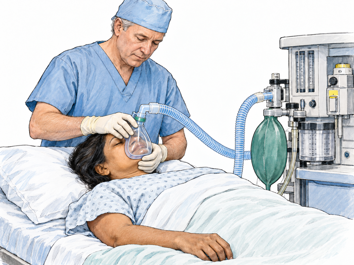 A patient lies unconscious during medically supervised inhaled anesthesia, with a sealed anesthetic mask and breathing circuit visibly linking her drug-induced state to an anesthesia machine.