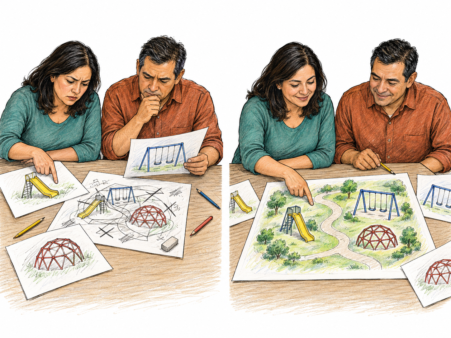 A playground design jells: two designers move from disconnected, conflicting sketches to one coherent plan that incorporates their ideas.