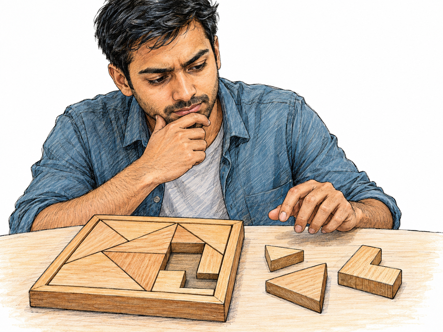 A young adult studies a partly solved geometric puzzle, comparing loose pieces with the remaining gap before making a move.