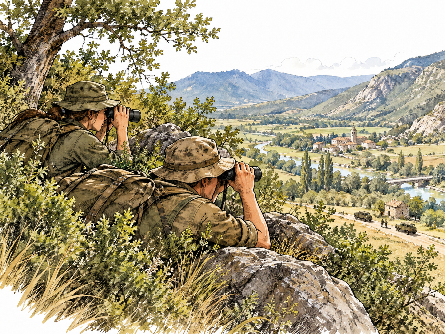 Two scouts observe valley through binoculars from concealed hill.