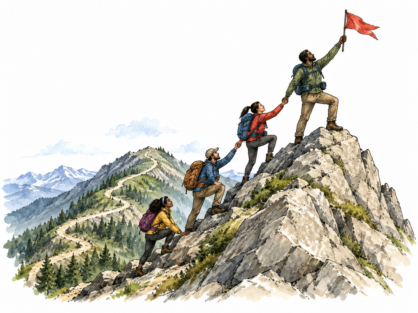 A diverse climbing team reaches a mountain summit after a visible winding route, final highest point.