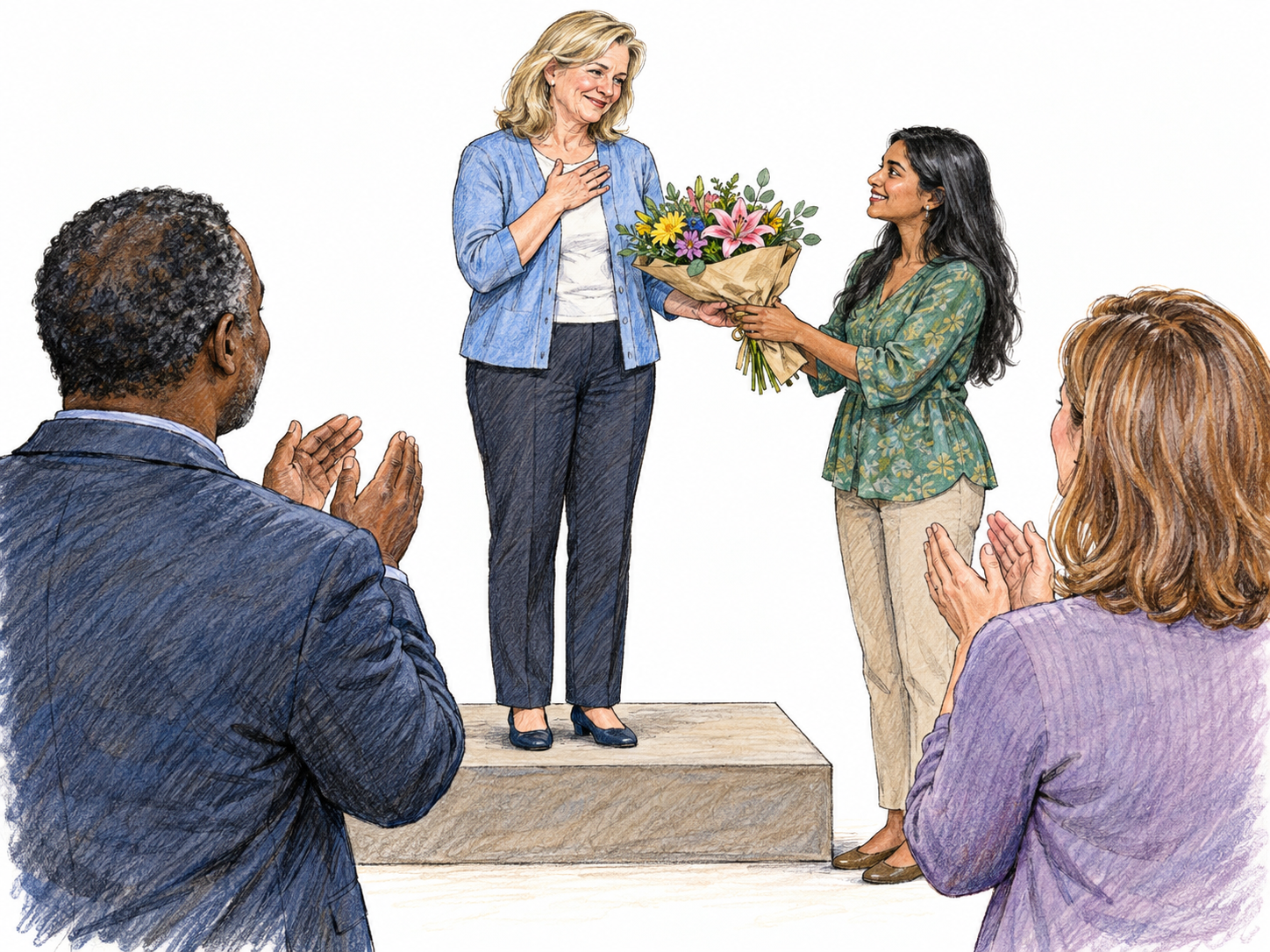 At a small public tribute ceremony, a younger woman presents flowers to a middle-aged woman while two standing attendees applaud the honoree.