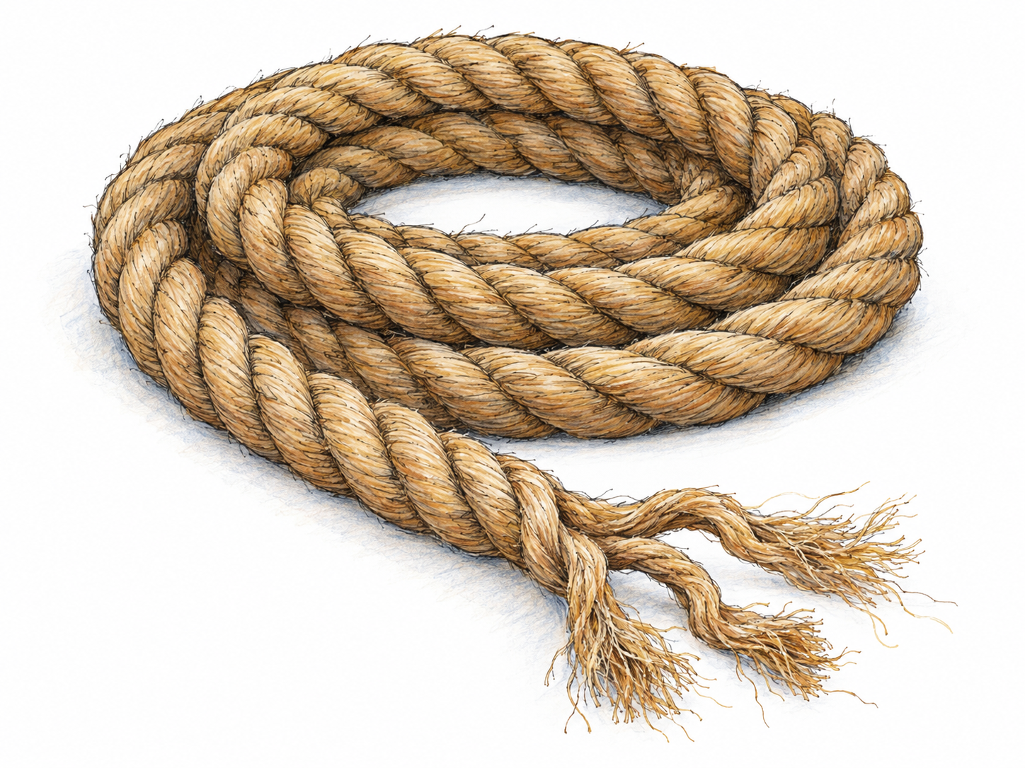 A loose coil of thick natural-fiber rope with a short trailing end that separates into twisted strands and fine fibers, making its construction clearly visible.