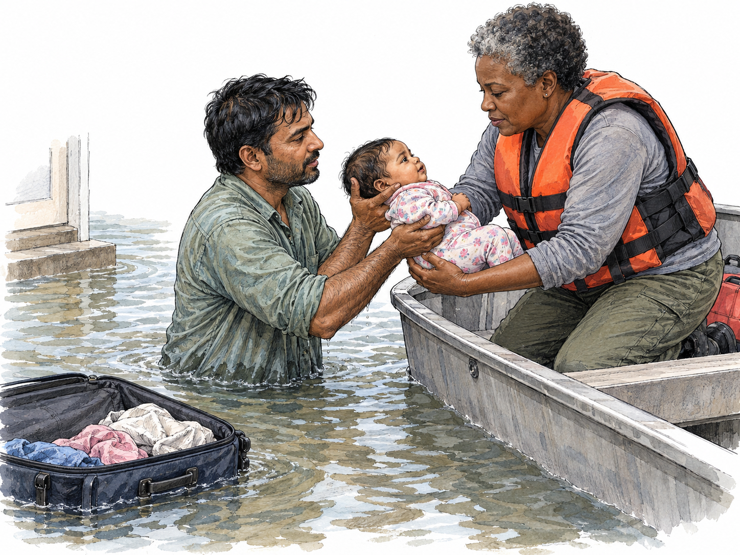 The importance of human life made visible through rescue priorities: a stranded father passes his infant to a boat rescuer while an open suitcase and possessions drift unattended.