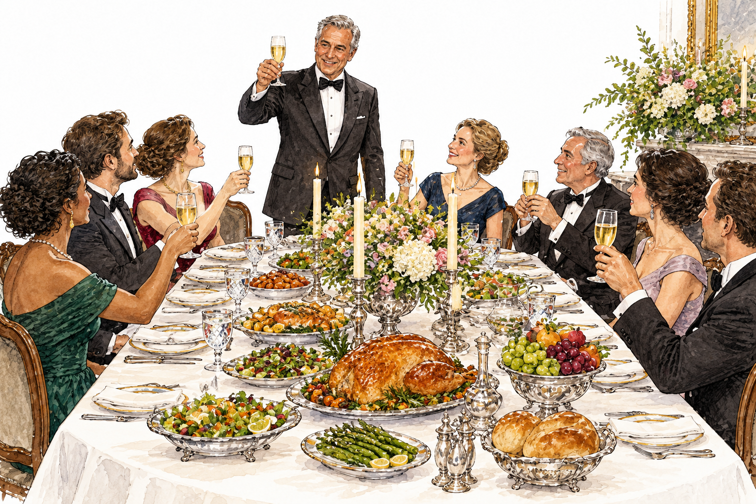 A large formal banquet with elegantly dressed adults around a long table laden with arranged dishes, clear shared ceremonial feast.