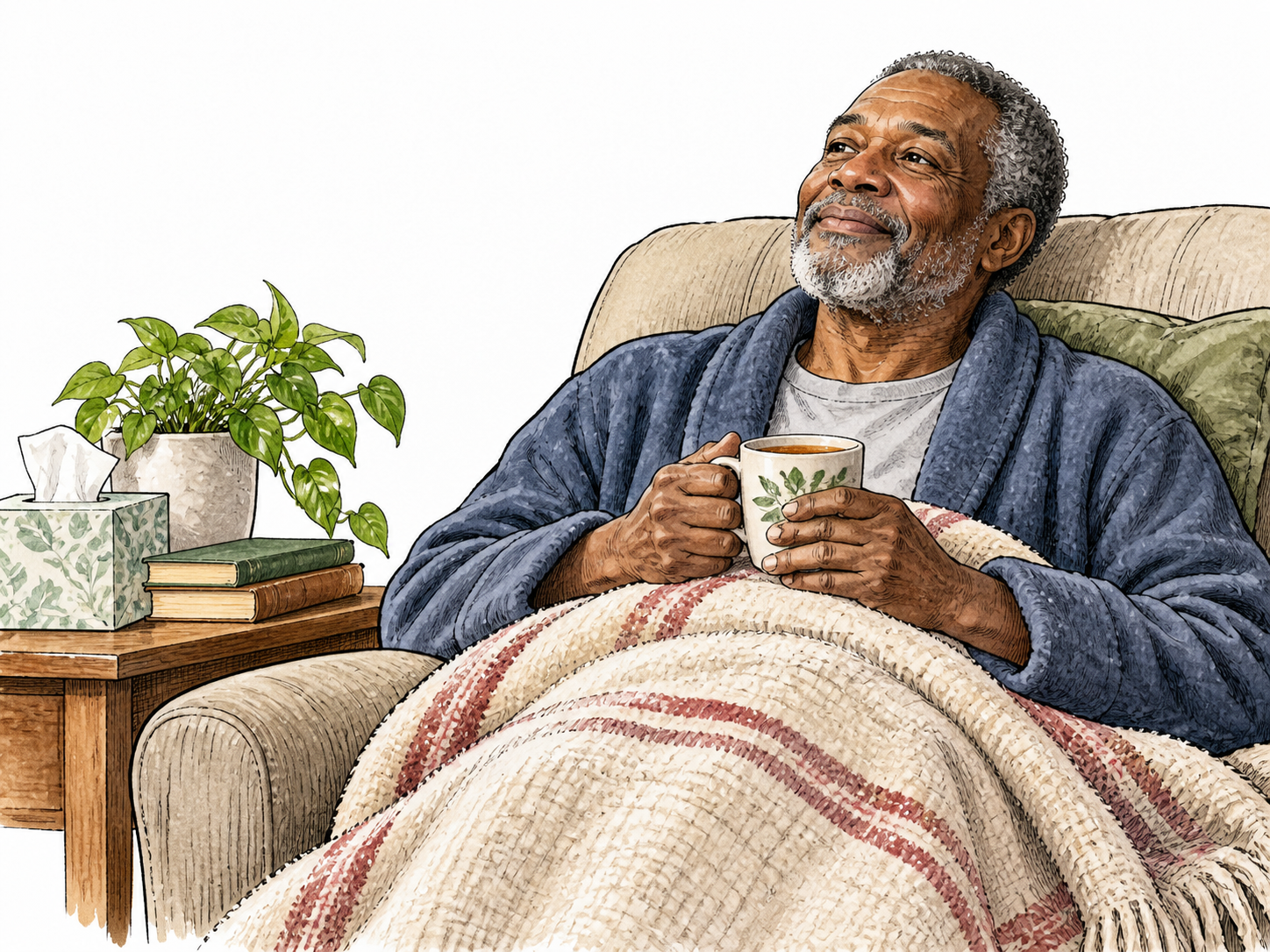 Older Black man rests with tea and blanket after illness, recovery evident.
