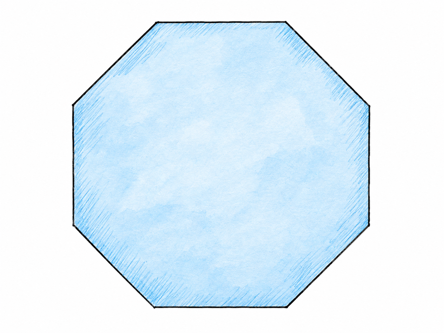 A single flat regular octagon viewed straight on, with eight clearly separated straight sides and eight crisp corners.