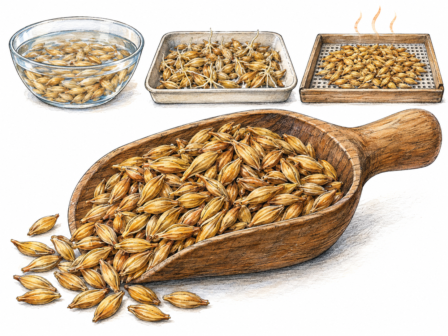 A close-up still life of dried barley malt in a shallow wooden scoop, with a small, subordinate sequence of soaking barley, germinating barley, and dried malt that makes the grain’s preparation visible without text.