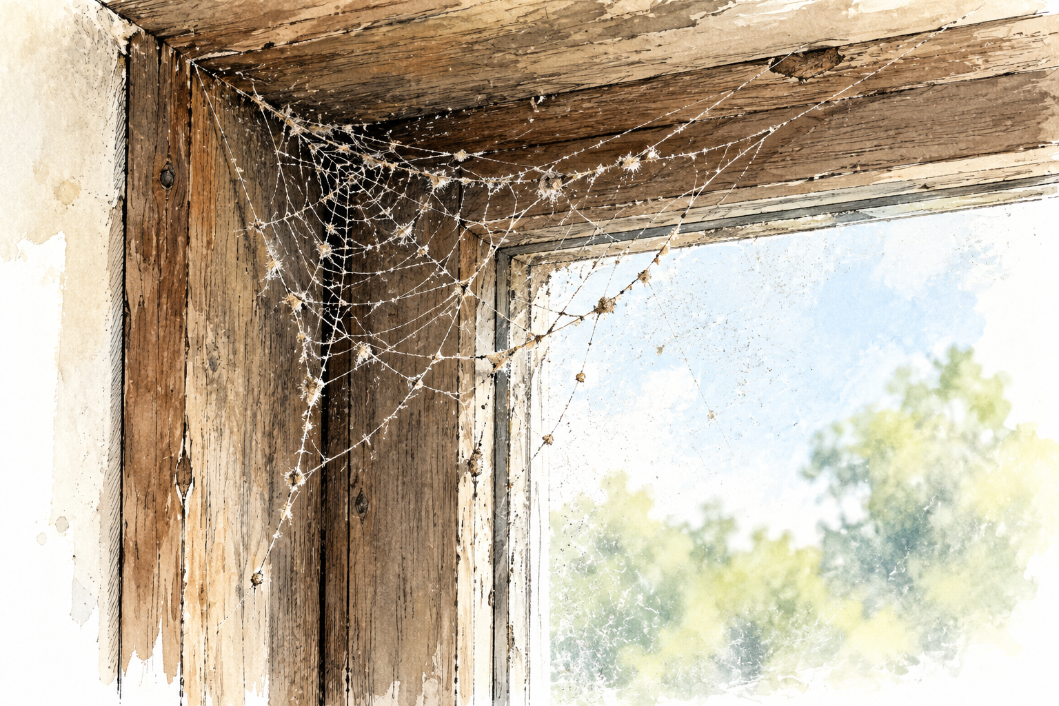 Dusty abandoned spider web stretches across an indoor wooden window corner with visible fine strands and dust, no spider required.