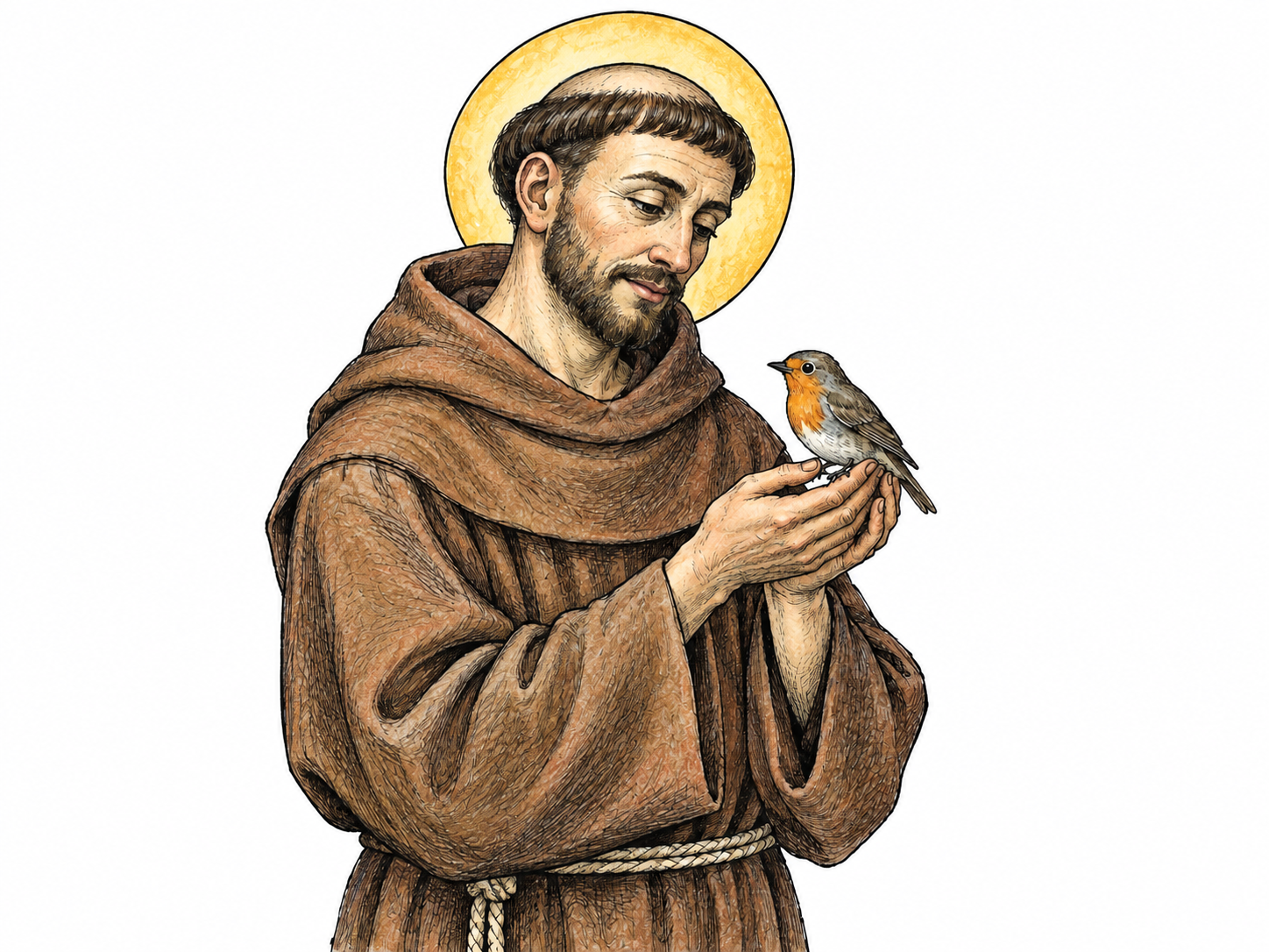 A small traditional painted icon of Saint Francis of Assisi in plain brown robe, simple halo, holding a small bird gently, historic recognizable saint imagery; no lettering, no elaborate gold background.