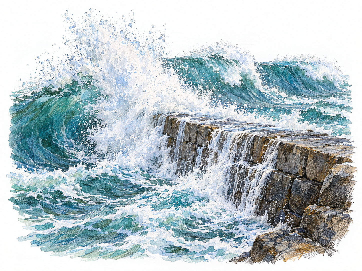 An overwhelming succession of storm waves pounds a small harbor breakwater: one wave strikes in a violent burst while two steep waves crowd directly behind it.