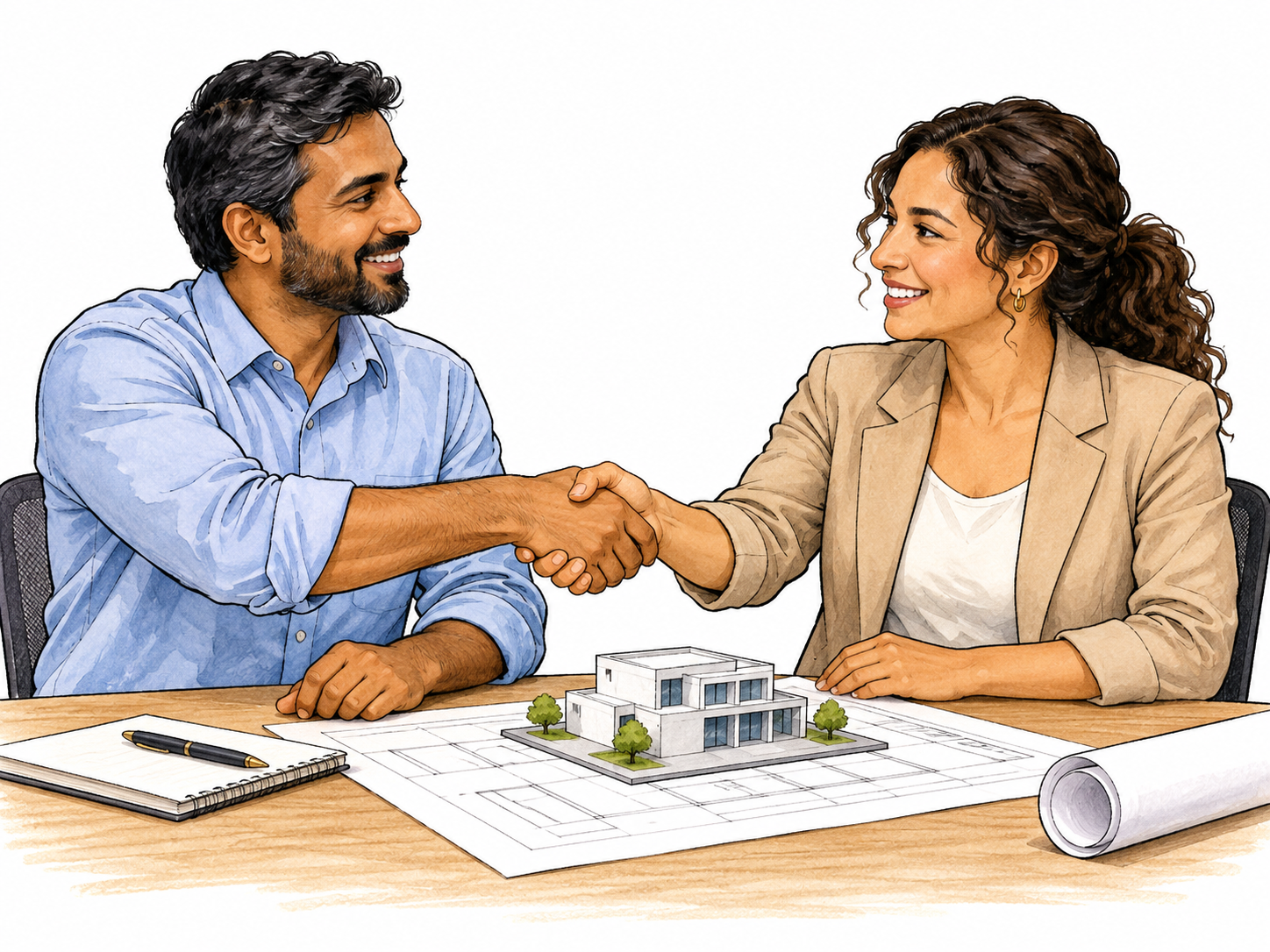 Two colleagues reach handshake over an agreed model on desk, shared approving expressions, compact neutral background.
