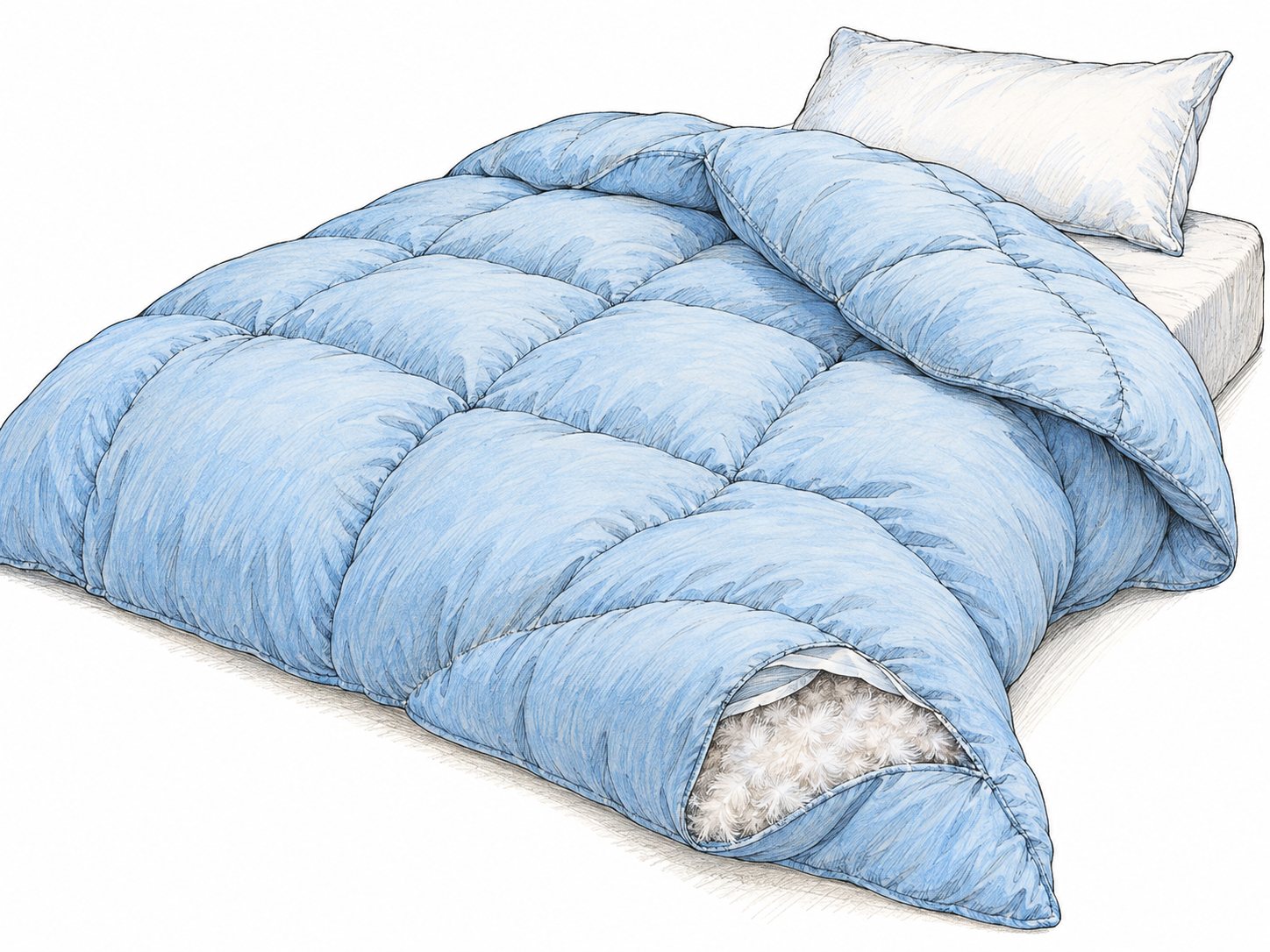 A thick, softly lofted duvet spread across a simple bed, with one corner folded back to reveal its pillowy thickness and stitched filling compartments.
