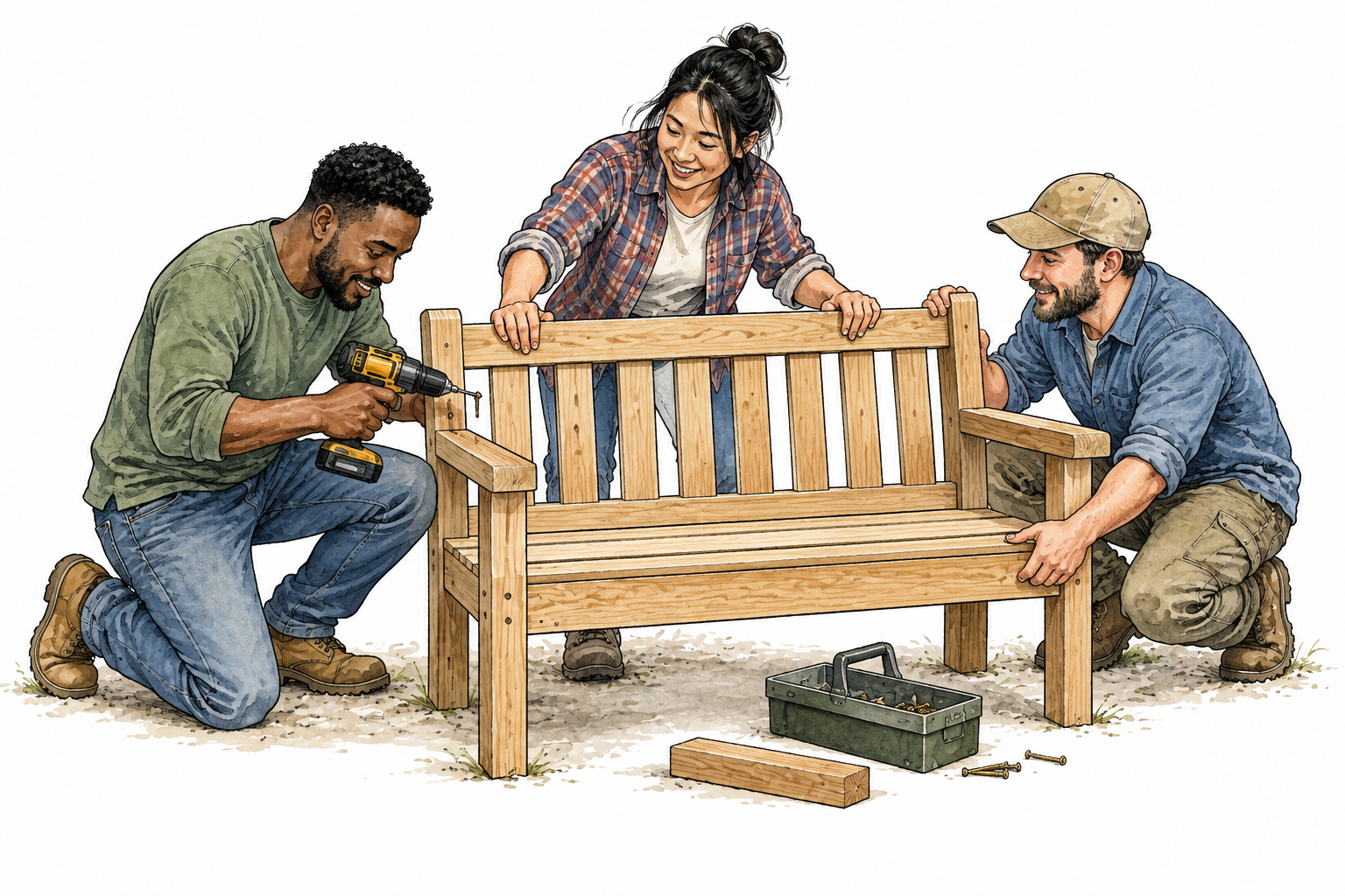 Three people of different ethnicities work together to assemble a bench, coordinated effort.