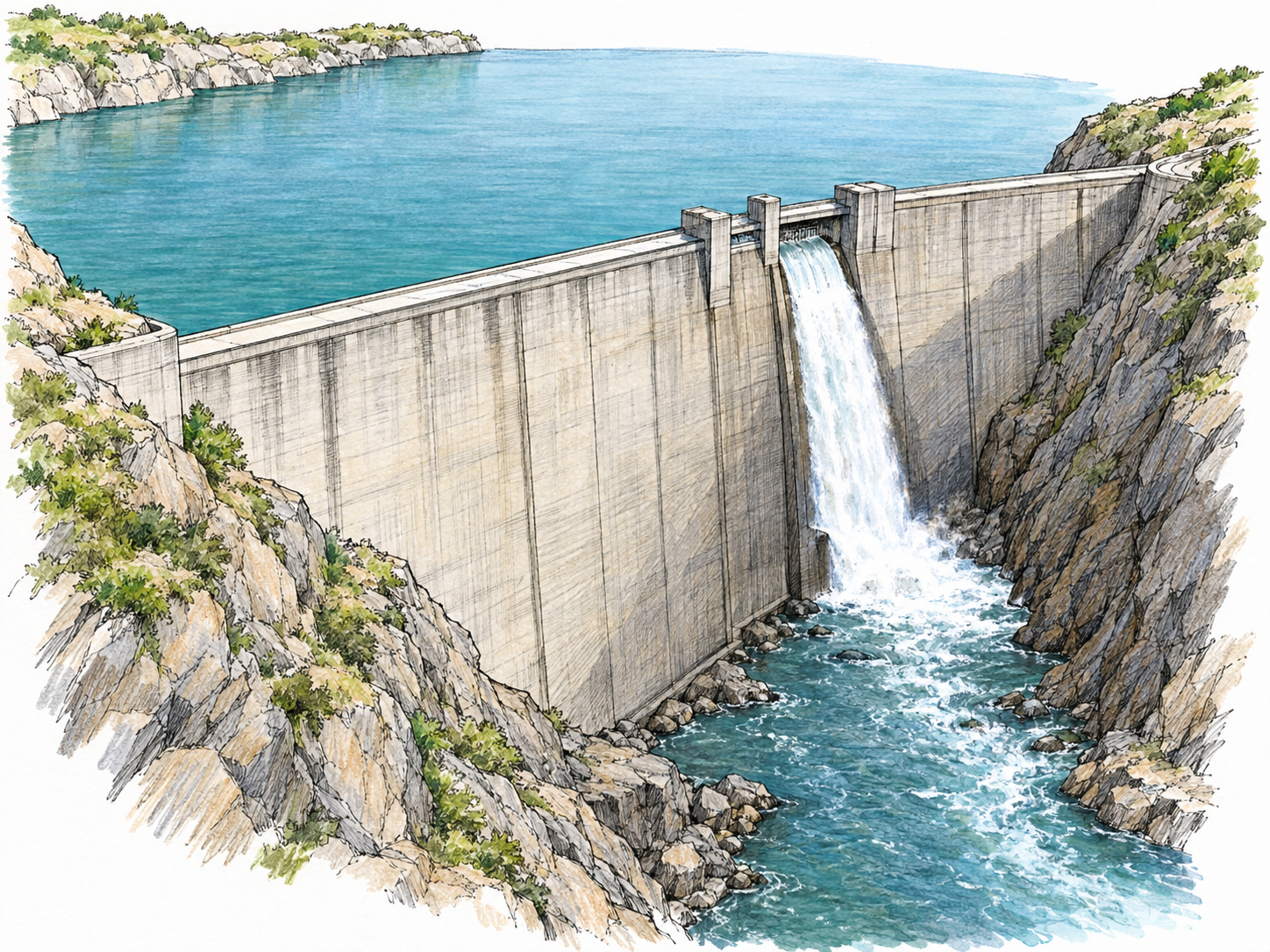 An oblique view of a concrete dam spanning a narrow river gorge, visibly holding a broad, high reservoir behind it while a small controlled spillway feeds the much lower downstream river.