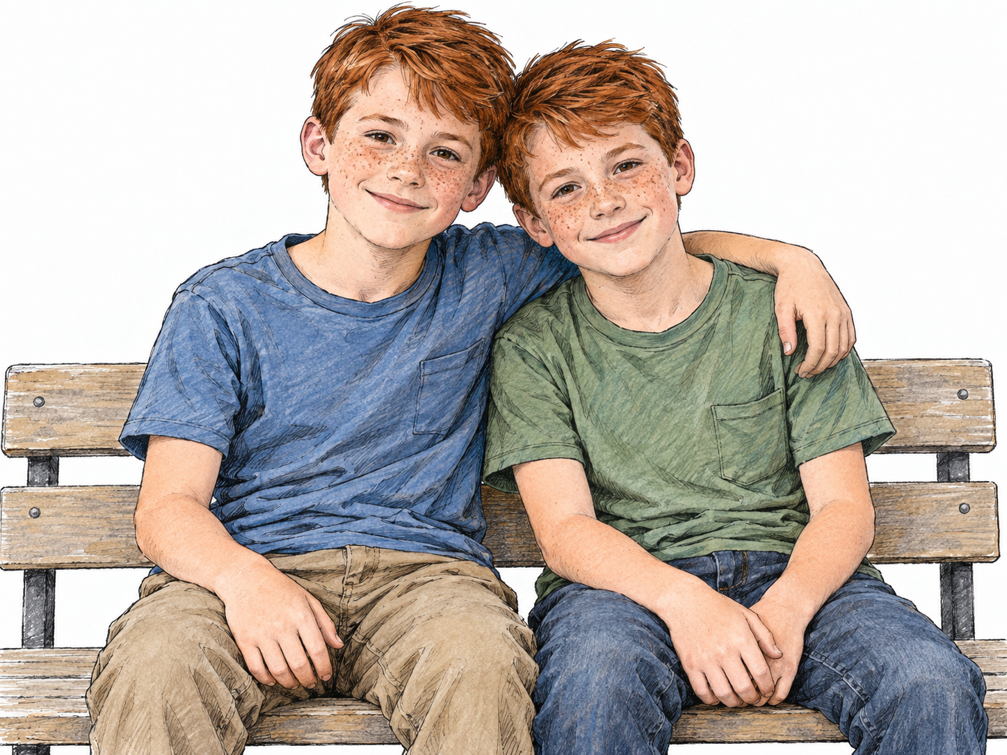 Two unmistakably identical twin boys sit shoulder to shoulder, one affectionately draping an arm around his brother.