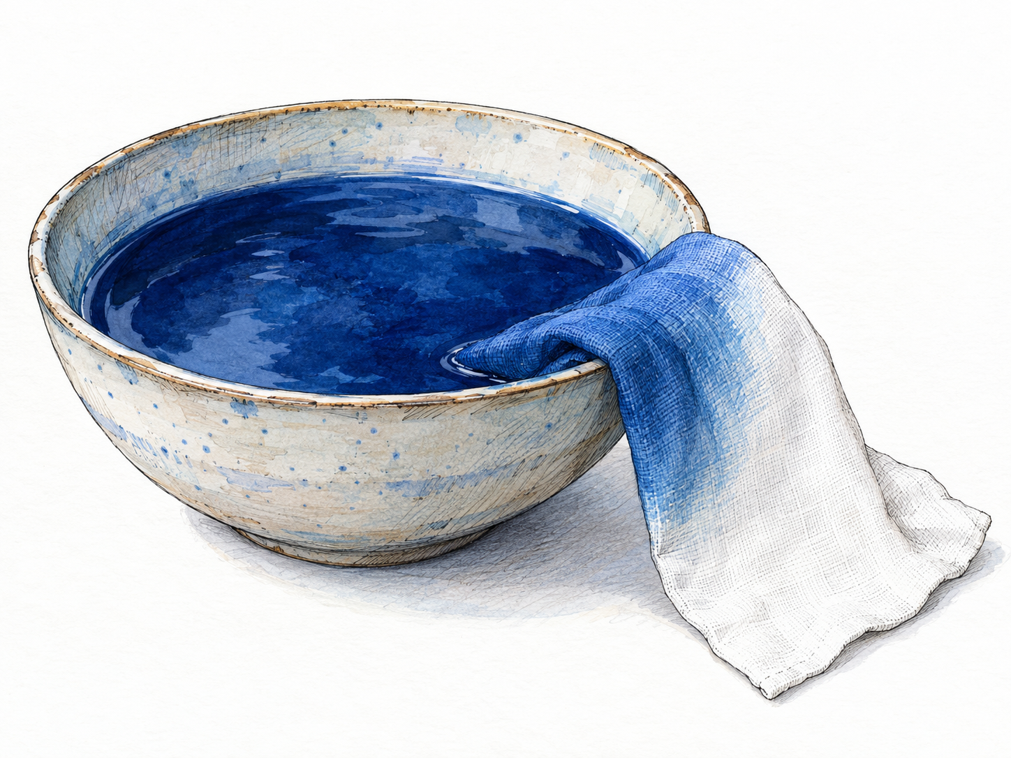 A shallow bowl of deep blue fabric dye with a strip of white cotton draped into it; the immersed portion is blue and the dry end remains white, showing the substance changing the fabric’s color.