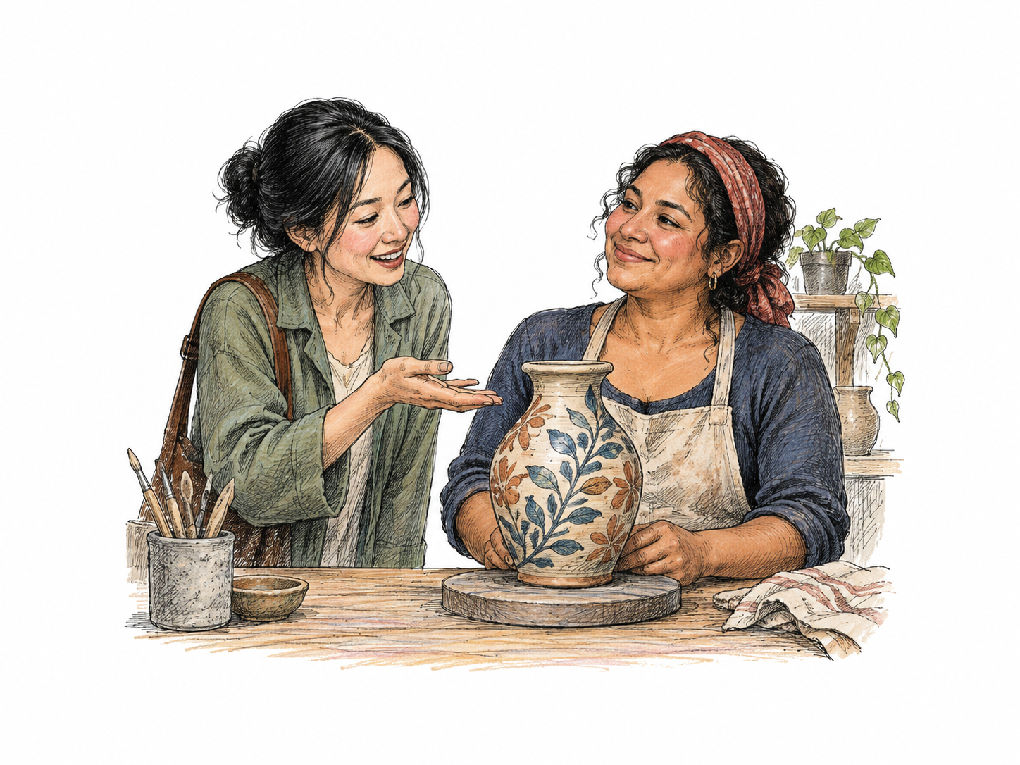 One friend warmly praises another friend's handmade ceramic vase, smiling with an admiring open hand toward the vase while its maker looks pleased; no speech bubbles.
