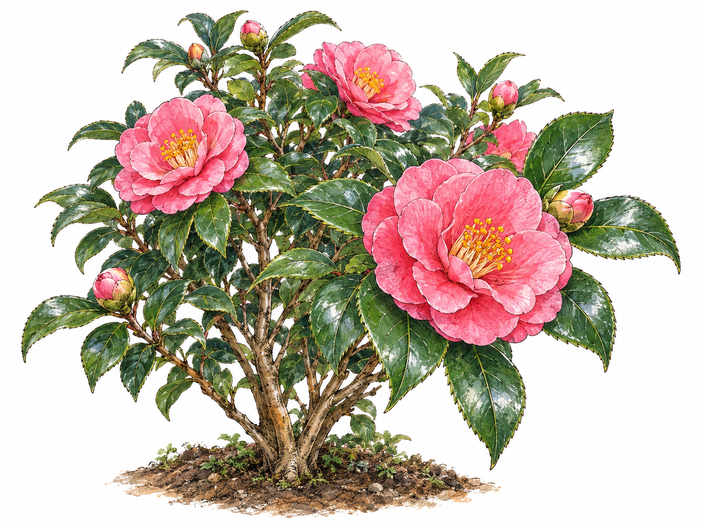 A compact flowering camellia shrub with woody branching, glossy dark-green leaves, and prominent pink blossoms, shown alone with enough close detail to distinguish its foliage and flowers.