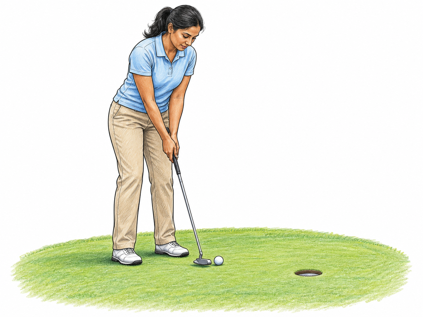 Golfer gently taps white golf ball with putter on small patch of putting green toward nearby hole; poised short putting stroke, ball beside putter face, clear hole ahead, no flag or text.
