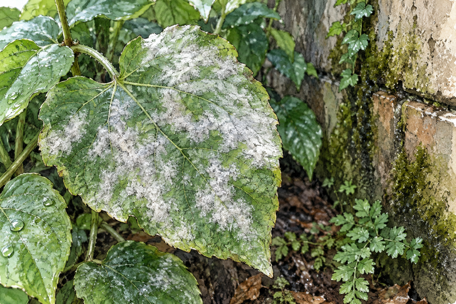 Thin white-gray powdery mildew spreads across damp green leaf beside humid shaded wall, close fungal growth.