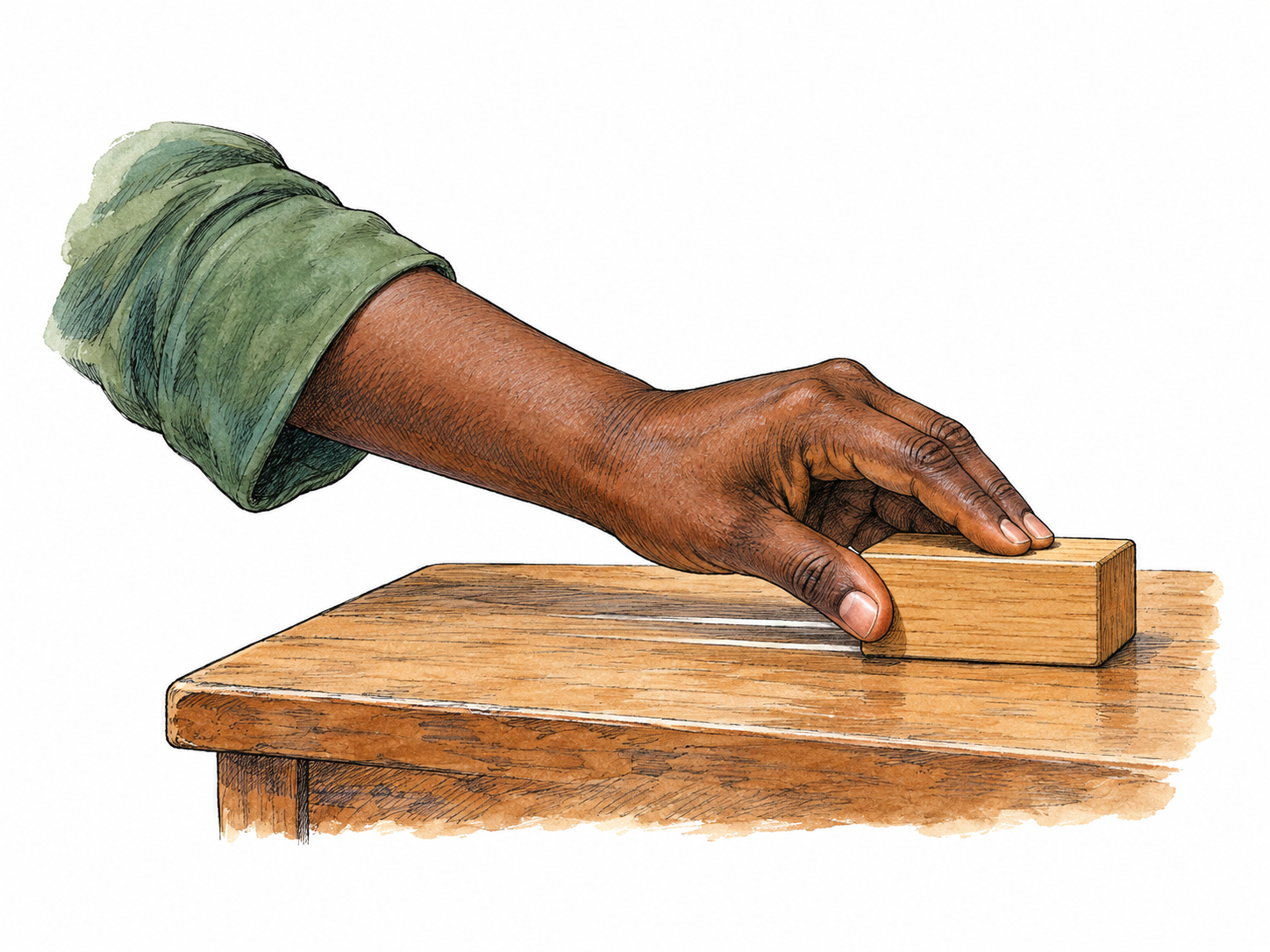 A single adult hand pushes a small smooth wooden block across a tabletop, block flat base remaining in contact with wood.
