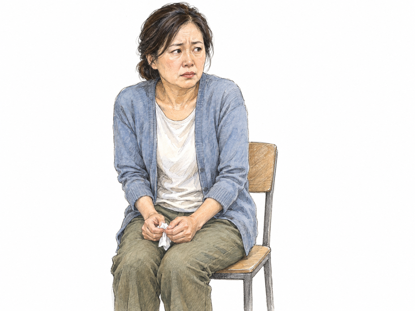 A middle-aged East Asian woman sits on the edge of a plain chair, fretfully twisting a tissue between her hands, with tense shoulders, a furrowed brow, and an uneasy sidelong gaze.