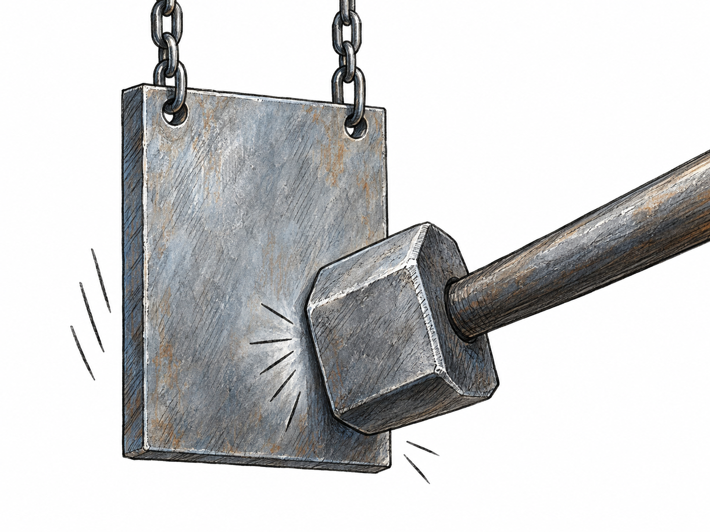 A heavy steel hammer strikes a suspended steel plate, with the plate visibly vibrating at the instant of metallic impact.