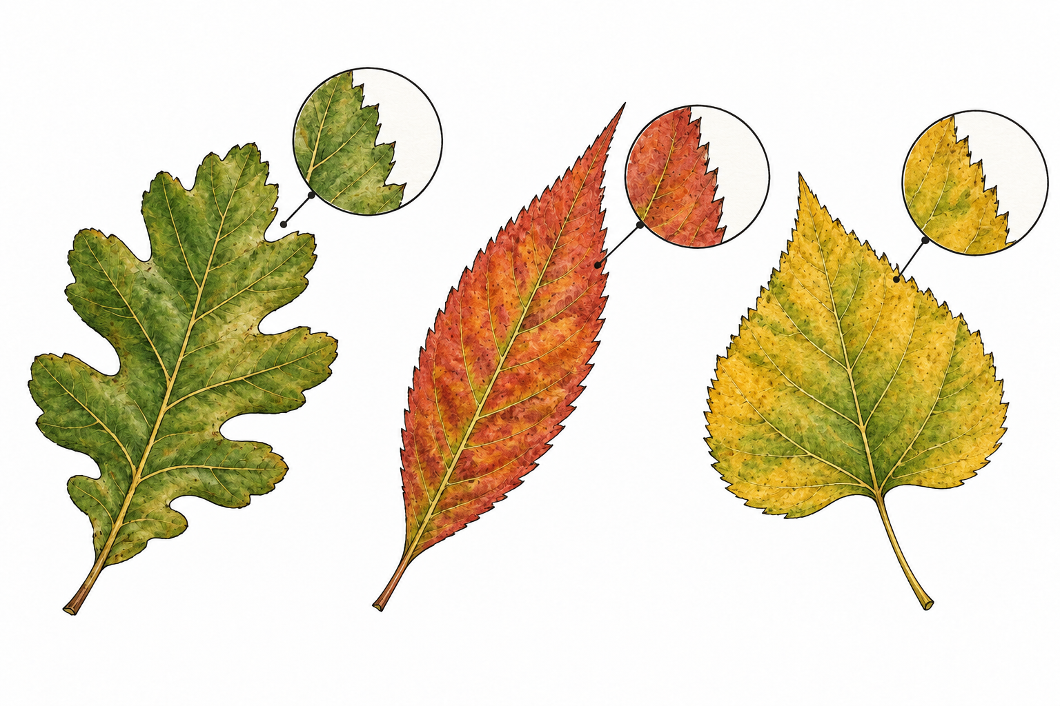 Three differently shaped leaves share visibly identical serrated edges, common feature emphasized.