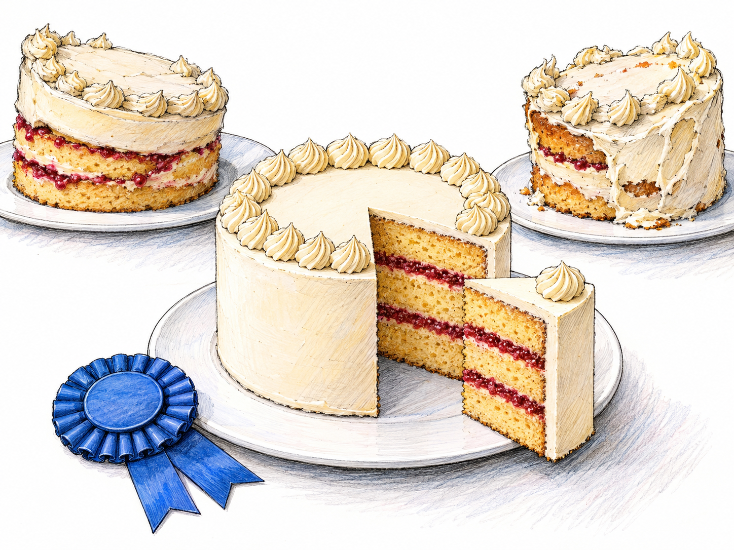 A prize-winning layer cake displays impeccable execution inside and out: perfectly level layers exposed by a removed slice, an unbroken smooth icing surface, and exceptionally even piped decoration.